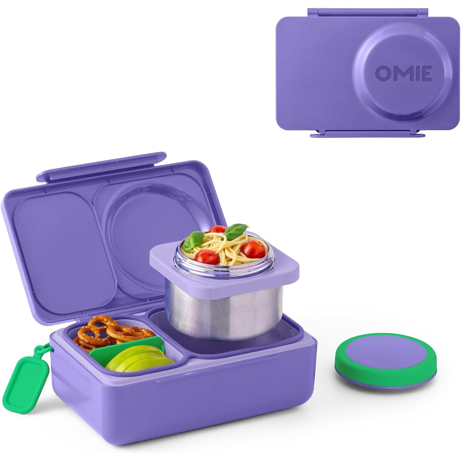 lunch box morada OMIE LIFE, vista frontal con pasta y ensalada